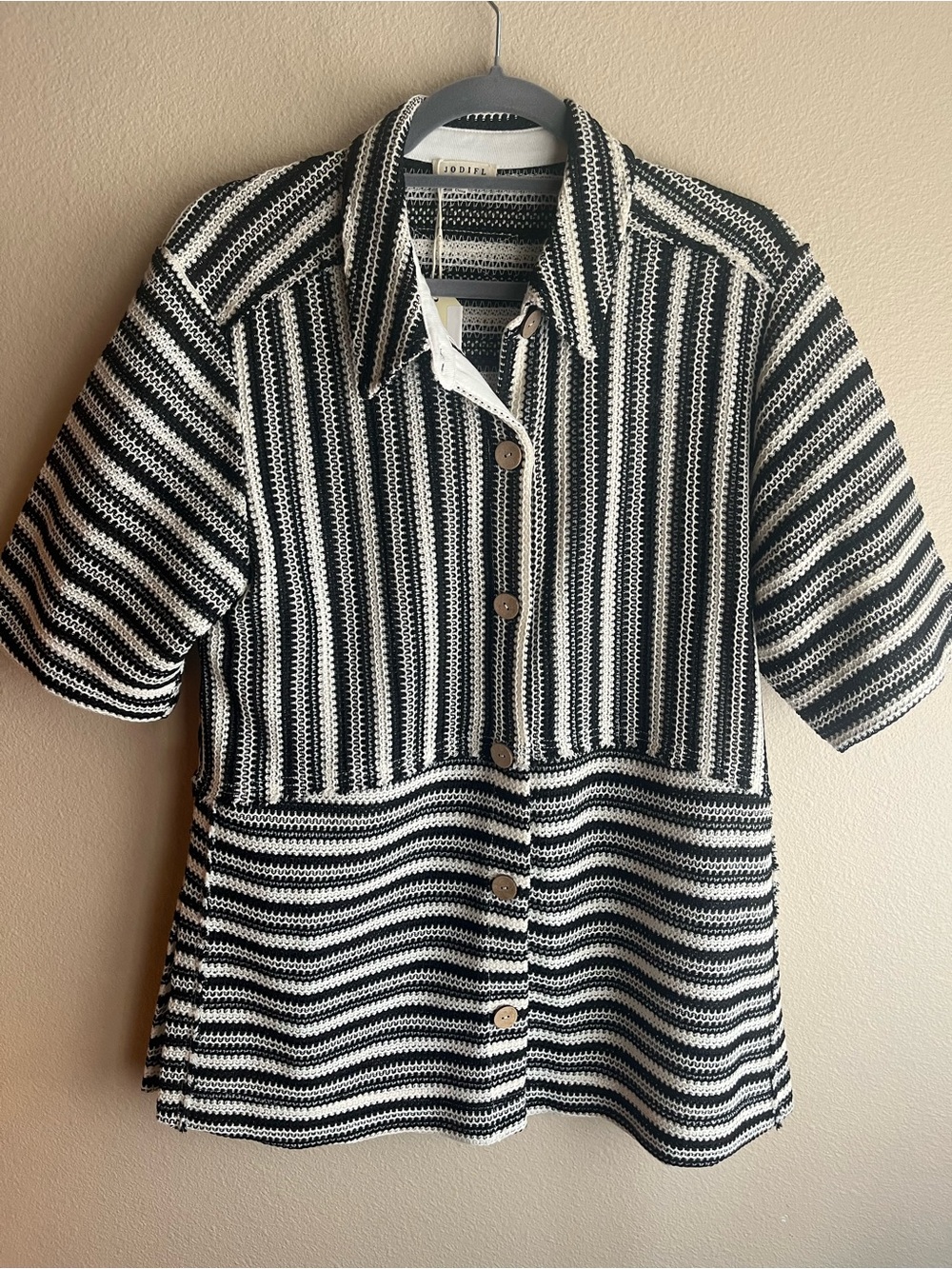 JODIFL Black & White Striped Knit Button-Down Shirt